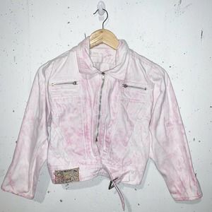 Rue Royal Jean Jacket Tie Dye Pink 80s Vintage Zippers Belted Waist Size Medium